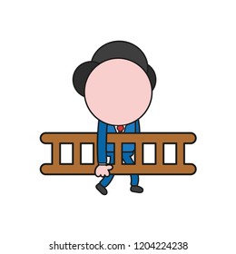 Vector illustration concept of businessman character walking and carrying wooden ladder. Color and black outlines.