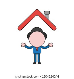 Vector illustration concept of businessman character under house roof. Color and black outlines.