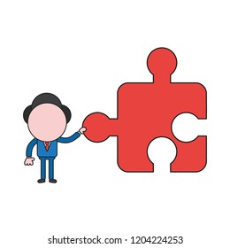 Vector illustration concept of businessman character holding missing jigsaw puzzle piece. Color and black outlines.