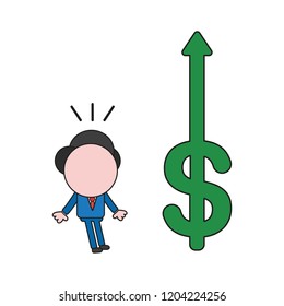 Vector illustration concept of businessman character surprised at dollar symbol arrow moving up. Color and black outlines.