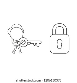 Vector illustration concept of businessman character walking and carrying key to unlock padlock. Black outline.