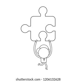 Vector illustration concept of businessman character running and carrying missing jigsaw puzzle piece. Black outline.