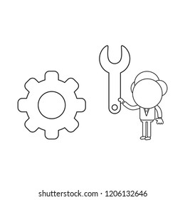 Vector illustration concept of businessman character with gear and holding spanner. Black outline.