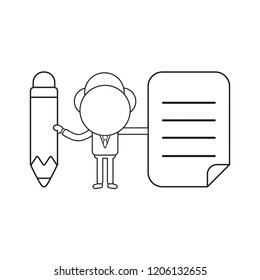 Vector illustration concept of businessman character holding pencil and written paper. Black outline.