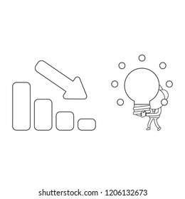 Vector illustration concept of businessman character carrying glowing light bulb idea to sales bar graph moving down. Black outline.