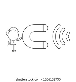 Vector illustration concept of businessman character holding magnet and attracting. Black outline.