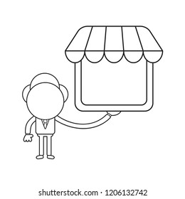 Vector illustration concept of businessman character holding shop store. Black outline.