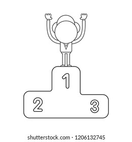 Vector illustration concept of businessman character standing on first place of winners podium. Black outline.