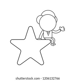 Vector illustration concept of businessman character sitting on star. Black outline.