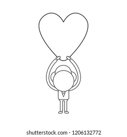 Vector illustration concept of businessman character holding up heart. Black outline.
