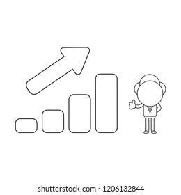 Vector illustration concept of businessman character with sales bar graph moving up and giving thumbs-up. Black outline.