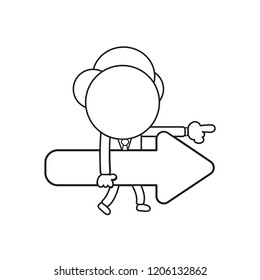 Vector illustration concept of businessman character walking and holding arrow and pointing right. Black outline.