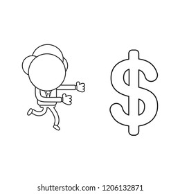 Vector illustration concept of businessman character running to dollar symbol. Black outline.
