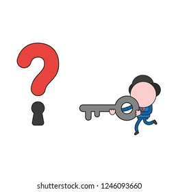 Vector illustration concept of businessman character running and carrying key to question mark keyhole. Color and black outlines.