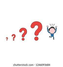 Vector illustration concept of businessman character running away from question marks. Color and black outlines.