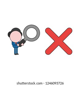 Vector illustration concept of businessman character holding magnifying glass to x mark. Color and black outlines.