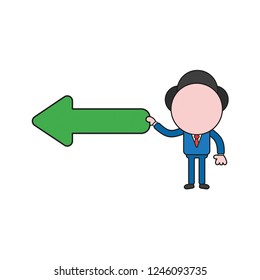Vector illustration concept of businessman character holding arrow pointing left. Color and black outlines.