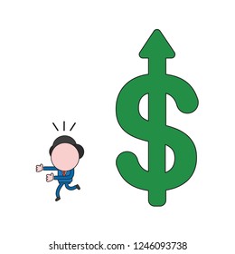Vector illustration concept of businessman character running away from big dollar symbol and arrow moving up. Color and black outlines.
