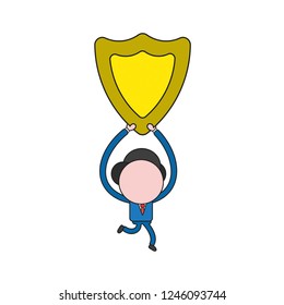 Vector illustration concept of businessman character running and carrying guard shield. Color and black outlines.