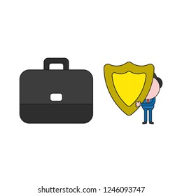 Vector illustration concept of businessman character with briefcase and holding guard shield. Color and black outlines.