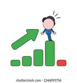 Vector illustration concept of businessman character standing on sales bar graph moving up and down. Color and black outlines.