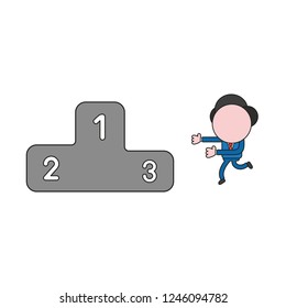 Vector illustration concept of businessman character running to winners podium. Color and black outlines.