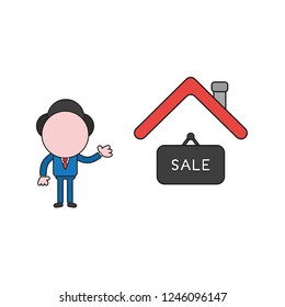 Vector illustration concept of businessman character with sale hanging sign under house roof. Color and black outlines.