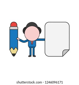 Vector illustration concept of businessman character holding pencil and blank paper. Color and black outlines.