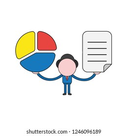 Vector illustration concept of businessman character holding diagram and written paper. Color and black outlines.