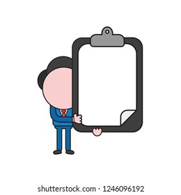 Vector illustration concept of businessman character holding clipboard with blank paper. Color and black outlines.