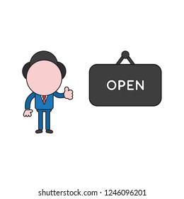 Vector illustration concept of businessman character with open hanging sign and showing thumbs-up. Color and black outlines.