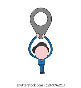 Vector illustration concept of businessman character holding up map pointer. Color and black outlines.