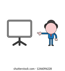 Vector illustration concept of businessman character pointing blank presentation chart. Color and black outlines.