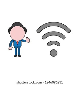 Vector illustration concept of businessman character with wireless wifi symbol and showing thumbs-up. Color and black outlines.