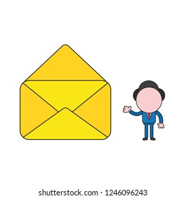 Vector illustration concept of businessman character with opened mail envelope. Color and black outlines.