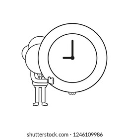 Vector illustration concept of businessman character holding clock. Black outline.