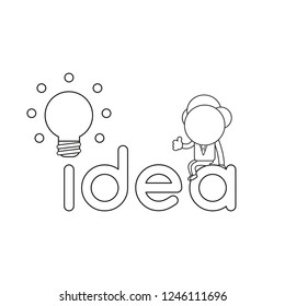 Vector illustration concept of businessman character sitting on idea word with glowing light bulb. Black outline.