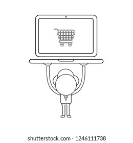 Vector illustration concept of businessman character holding up laptop computer with shopping cart. Black outline.