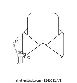 Vector illustration concept of businessman character holding mail envelope with blank paper. Black outline.