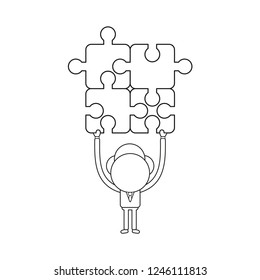 Vector illustration concept of businessman character holding up four connected jigsaw puzzle pieces. Black outline.
