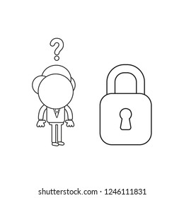 Vector illustration concept of businessman character confused at closed padlock. Black outline.