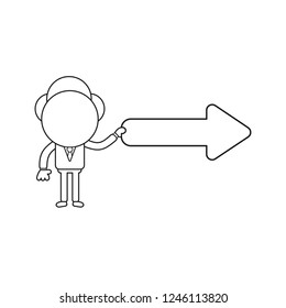 Vector illustration concept of businessman character holding arrow pointing right. Black outline.