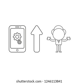 Vector illustration concept of businessman character with gears inside smartphone and arrow pointing up. Black outline.