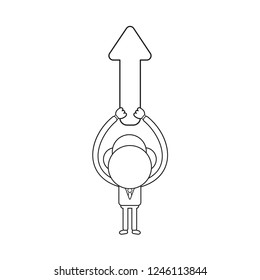 Vector illustration concept of businessman character holding up arrow pointing up. Black outline.