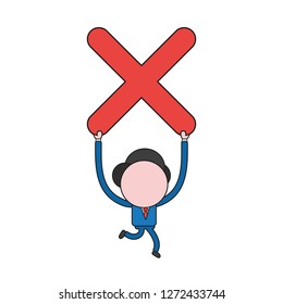 Vector illustration concept of businessman character running and carrying x mark. Color and black outlines.