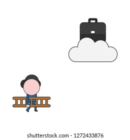 Vector illustration concept of businessman character carrying ladder to reach briefcase on cloud. Color and black outlines.