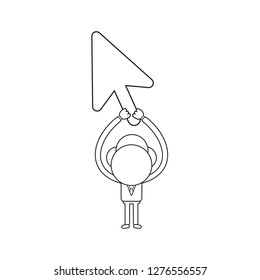 Vector illustration concept of businessman character holding up mouse cursor. Black outline.