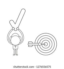 Vector illustration concept of businessman character with bulls eye with dart in the center and holding up check mark. Black outline.