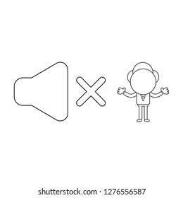 Vector illustration concept of businessman character with sound off symbol. Black outline.