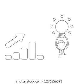 Vector illustration concept of businessman character carrying glowing light bulb idea to sales bar graph moving up and down. Black outline.